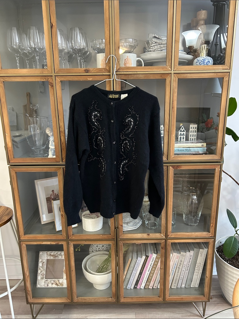 Vintage Au Courant Black Angora Wool Beaded Women's Cardigan Sweater